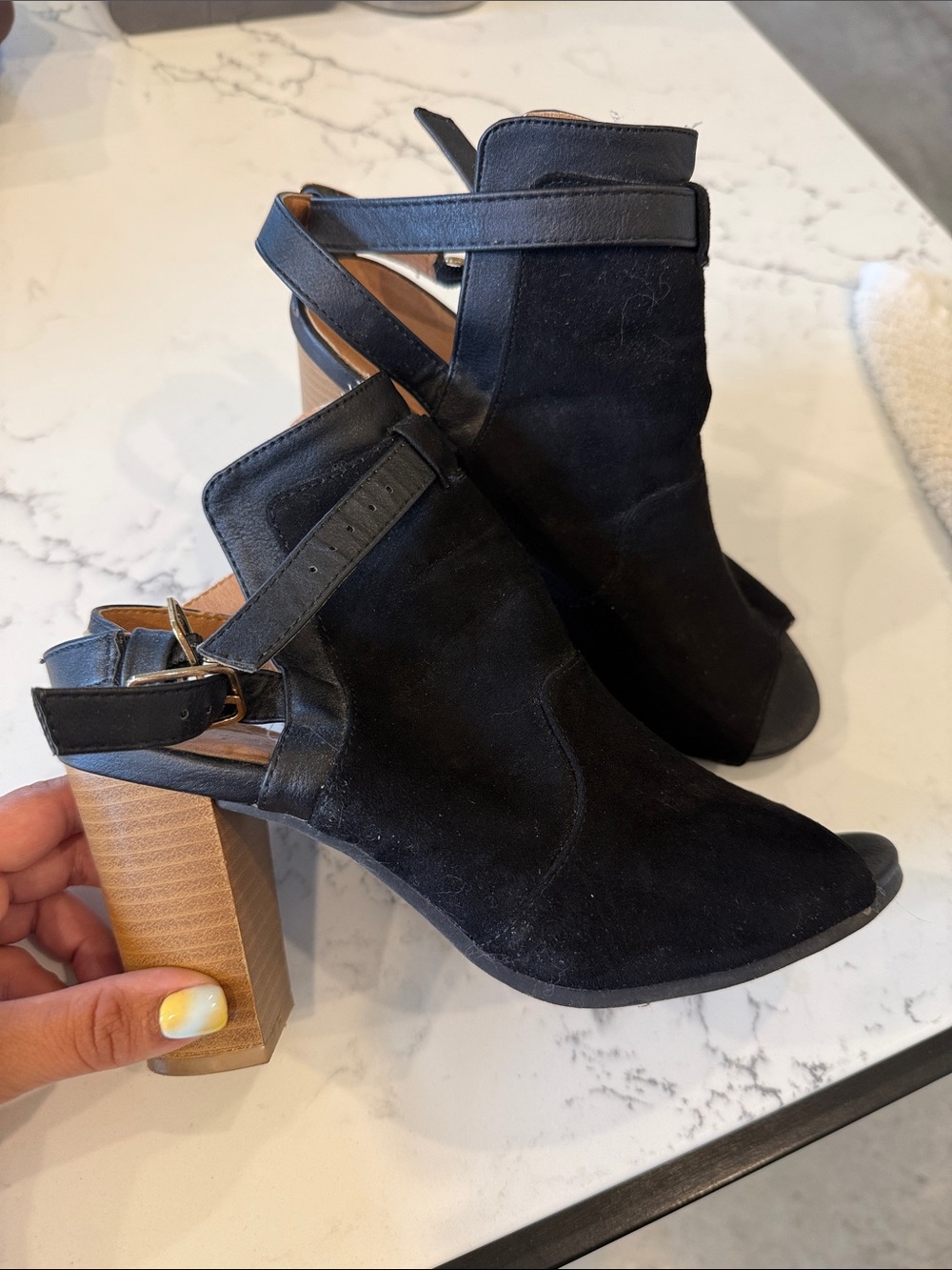 Black Suede Open-Toe Block Heel Sandals
